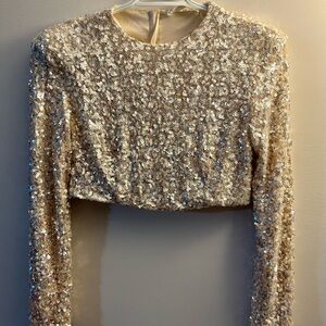 NWT American Threads Sequin Crop Top Women small long sleeve beige sparkle shirt